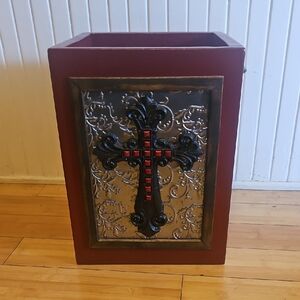 Handmade In US; Heavy Wooden Rustic Waste Bin with Embossed Cross Accent